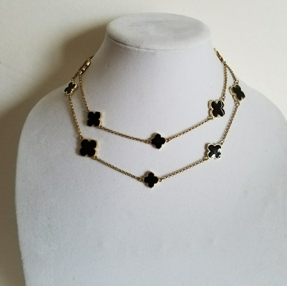 Brand new gold plated necklace,black enamel clover - Picture 7 of 8